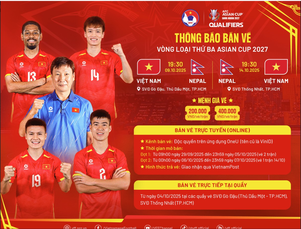 Thông báo bán vé hai trận đấu của ĐT Việt Nam và ĐT Nepal